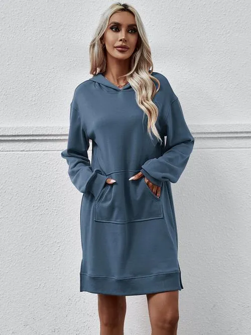 Leni Slit Long Sleeve Hooded Dress with Pocket