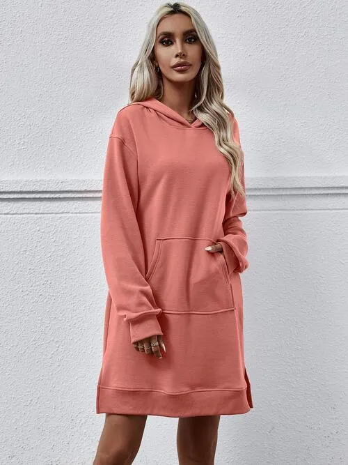 Leni Slit Long Sleeve Hooded Dress with Pocket