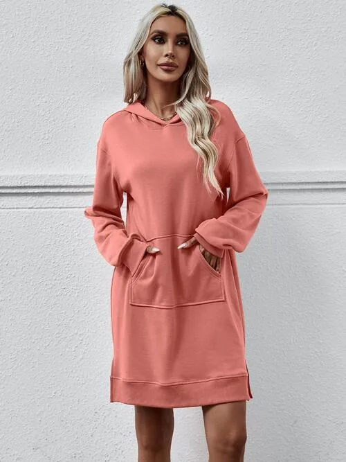 Leni Slit Long Sleeve Hooded Dress with Pocket