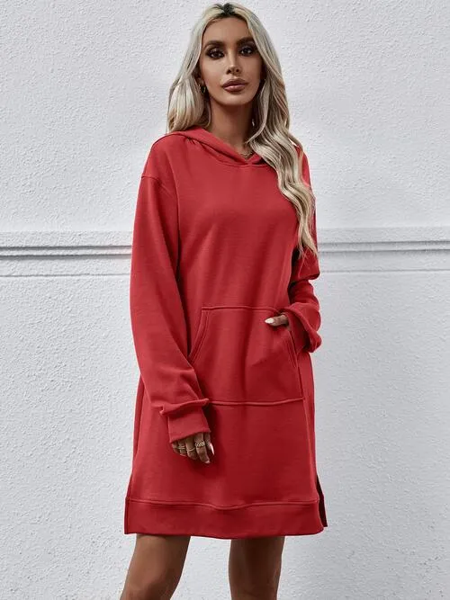 Leni Slit Long Sleeve Hooded Dress with Pocket