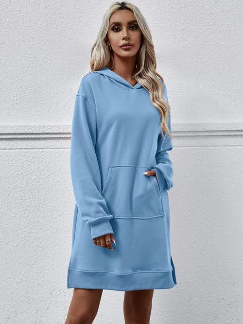 Leni Slit Long Sleeve Hooded Dress with Pocket