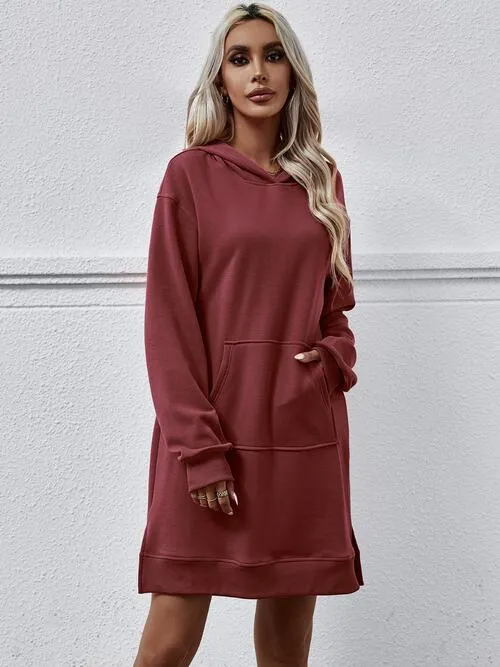 Leni Slit Long Sleeve Hooded Dress with Pocket