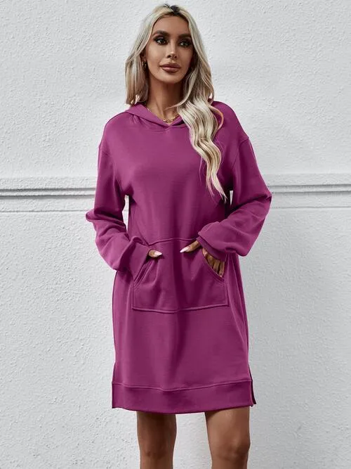Leni Slit Long Sleeve Hooded Dress with Pocket