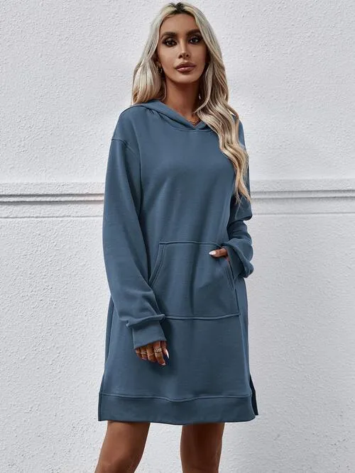 Leni Slit Long Sleeve Hooded Dress with Pocket