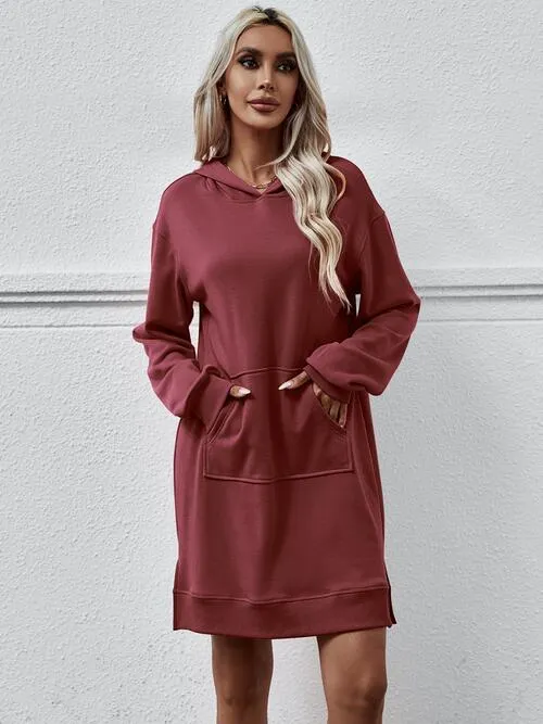 Leni Slit Long Sleeve Hooded Dress with Pocket