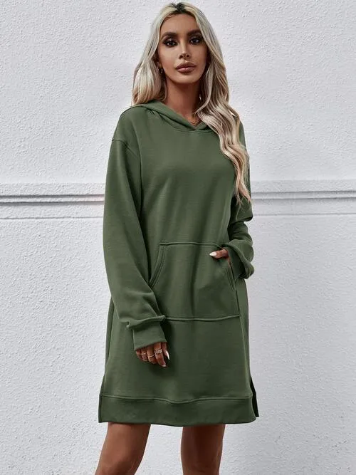 Leni Slit Long Sleeve Hooded Dress with Pocket