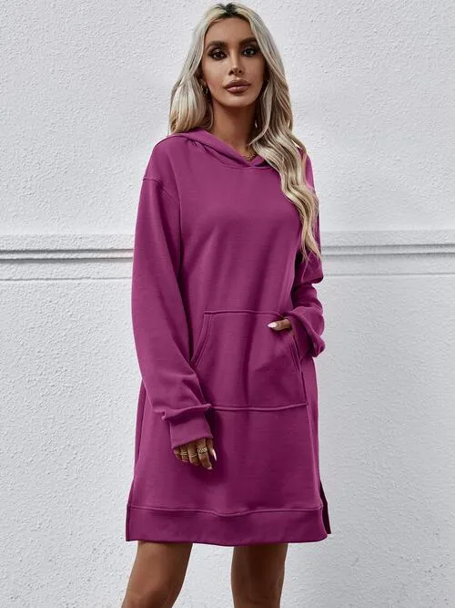Leni Slit Long Sleeve Hooded Dress with Pocket