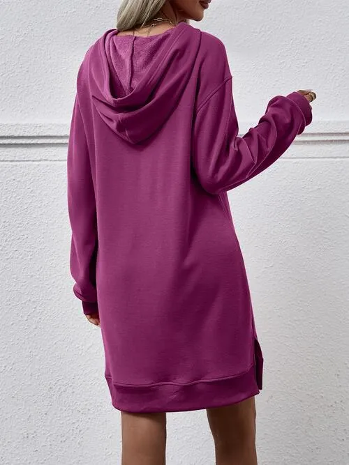 Leni Slit Long Sleeve Hooded Dress with Pocket