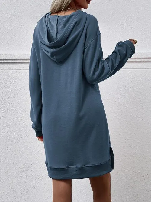 Leni Slit Long Sleeve Hooded Dress with Pocket