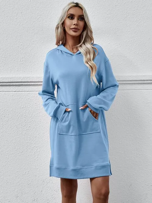 Leni Slit Long Sleeve Hooded Dress with Pocket