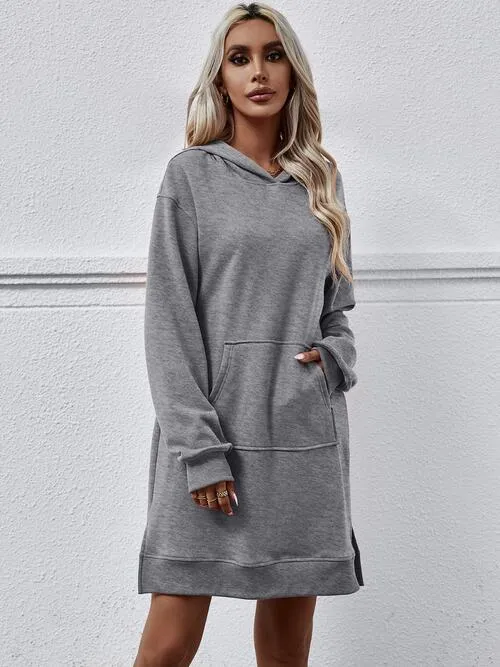 Leni Slit Long Sleeve Hooded Dress with Pocket