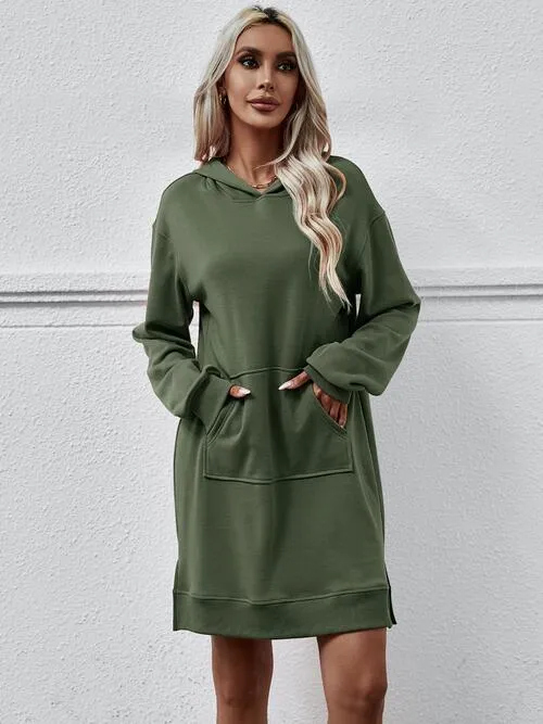 Leni Slit Long Sleeve Hooded Dress with Pocket