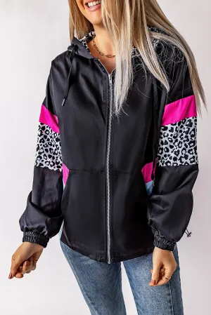 Leopard Color Block Pockets Black Zip-up Hooded Jacket