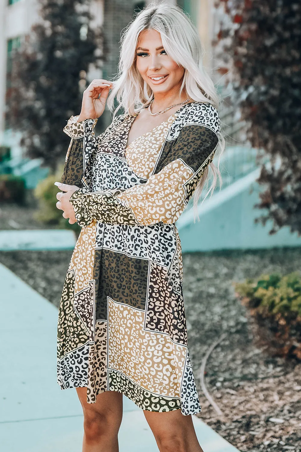 Leopard Color Block Surplice V Neck Mini Dress