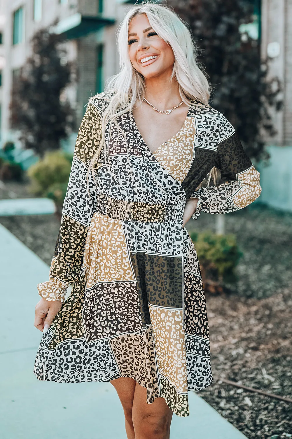 Leopard Color Block Surplice V Neck Mini Dress
