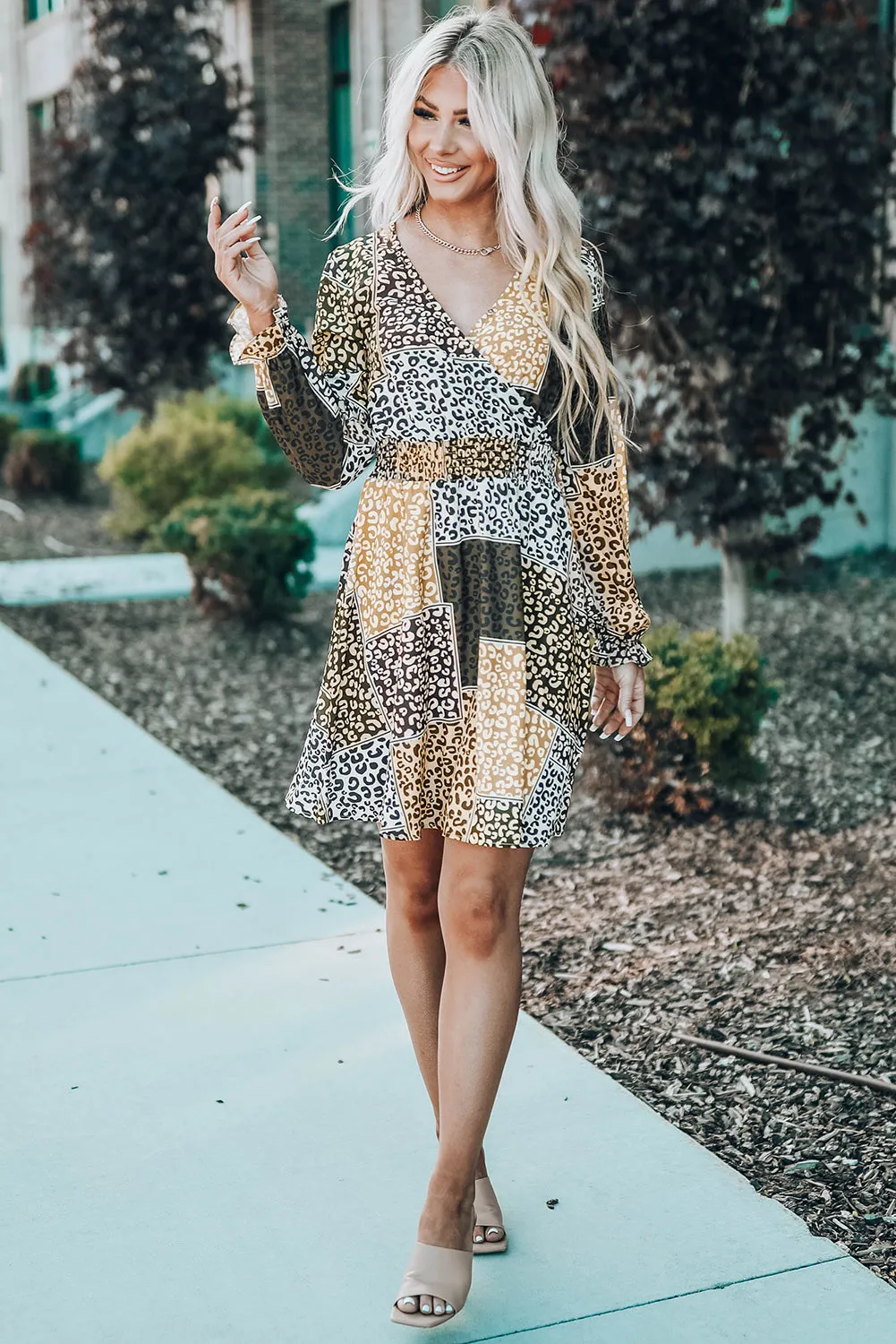 Leopard Color Block Surplice V Neck Mini Dress