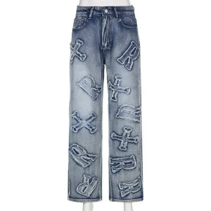 Letter Patch Straight Leg Jeans