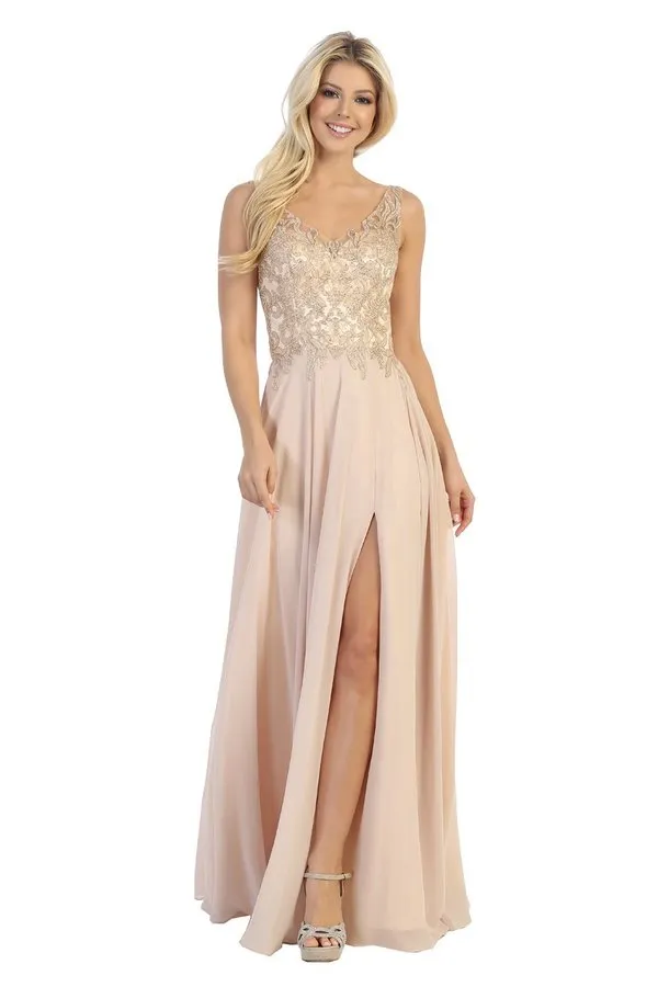 LF 7580 - Flowy Chiffon A-Line Prom Gown with Applique Bodice Sheer Open Back & Leg Slit