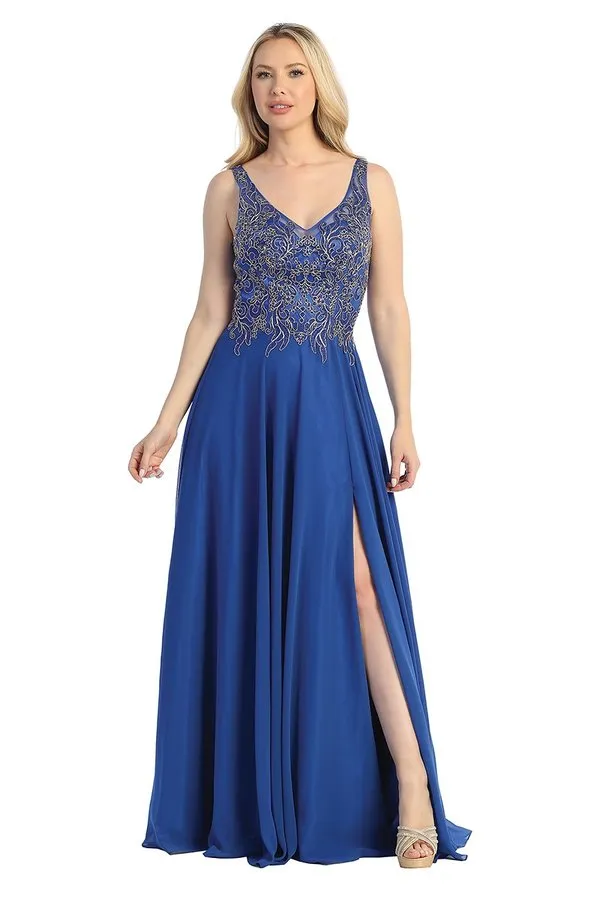 LF 7580 - Flowy Chiffon A-Line Prom Gown with Applique Bodice Sheer Open Back & Leg Slit
