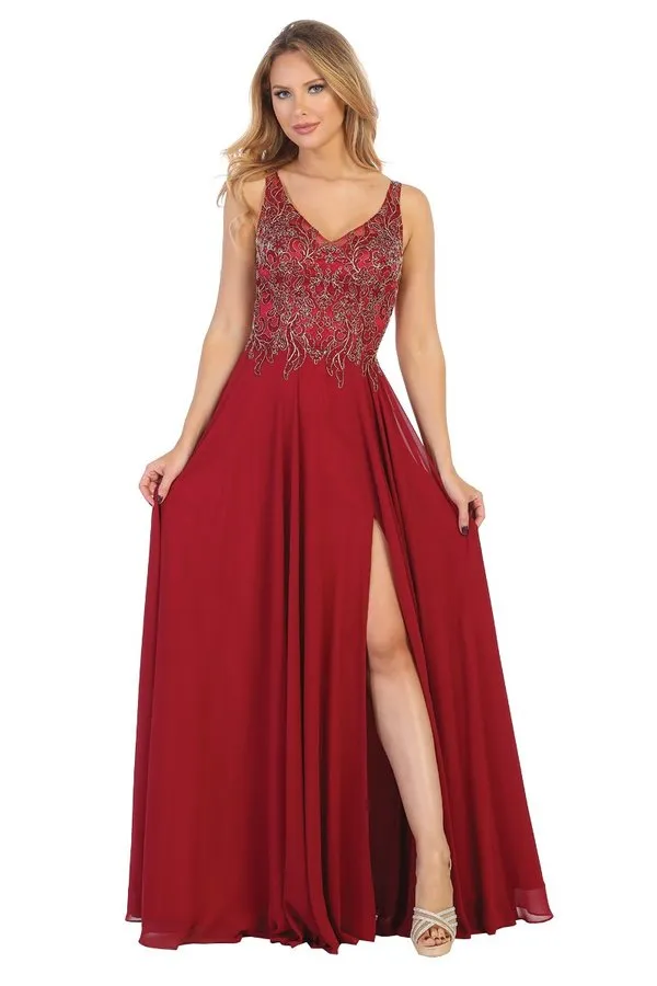 LF 7580 - Flowy Chiffon A-Line Prom Gown with Applique Bodice Sheer Open Back & Leg Slit