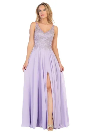 LF 7580 - Flowy Chiffon A-Line Prom Gown with Applique Bodice Sheer Open Back & Leg Slit
