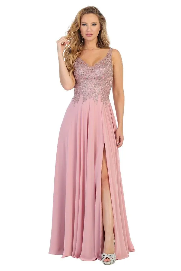 LF 7580 - Flowy Chiffon A-Line Prom Gown with Applique Bodice Sheer Open Back & Leg Slit