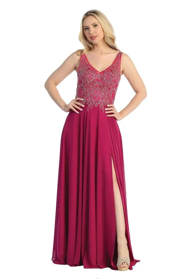 LF 7580 - Flowy Chiffon A-Line Prom Gown with Applique Bodice Sheer Open Back & Leg Slit