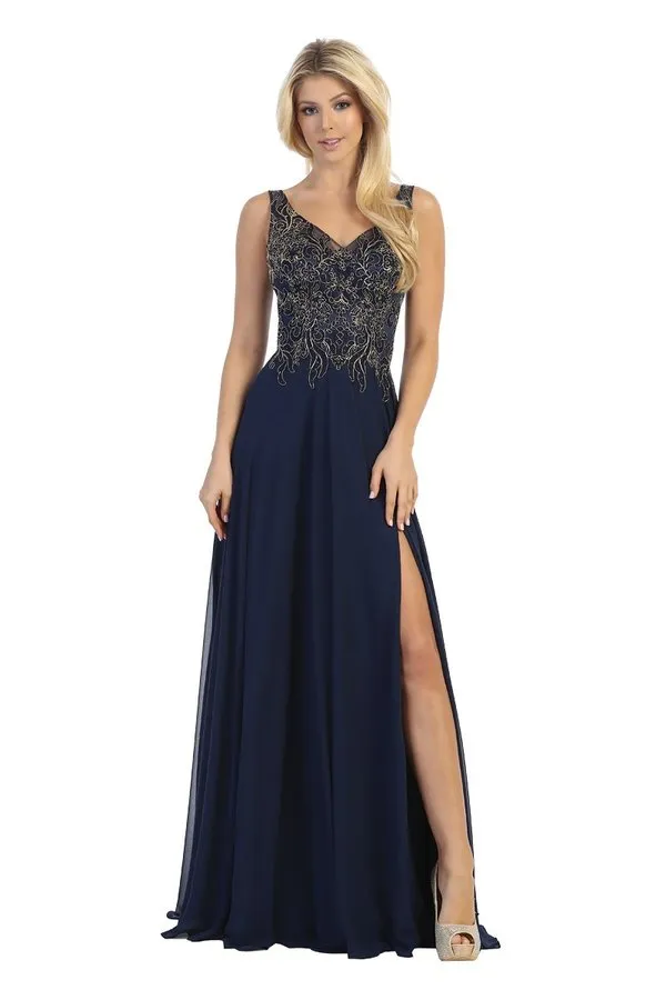 LF 7580 - Flowy Chiffon A-Line Prom Gown with Applique Bodice Sheer Open Back & Leg Slit