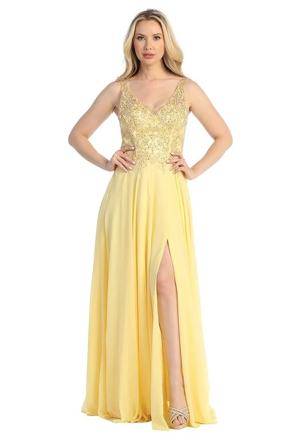 LF 7580 - Flowy Chiffon A-Line Prom Gown with Applique Bodice Sheer Open Back & Leg Slit
