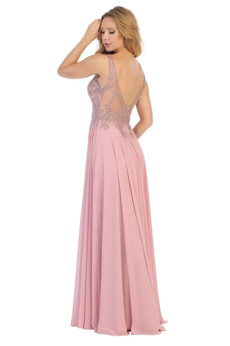 LF 7580 - Flowy Chiffon A-Line Prom Gown with Applique Bodice Sheer Open Back & Leg Slit