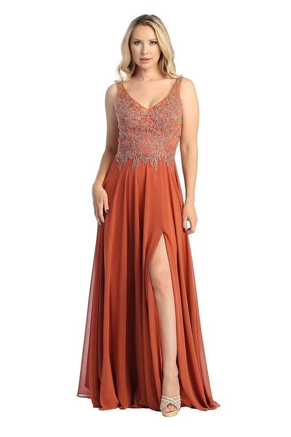 LF 7580 - Flowy Chiffon A-Line Prom Gown with Applique Bodice Sheer Open Back & Leg Slit