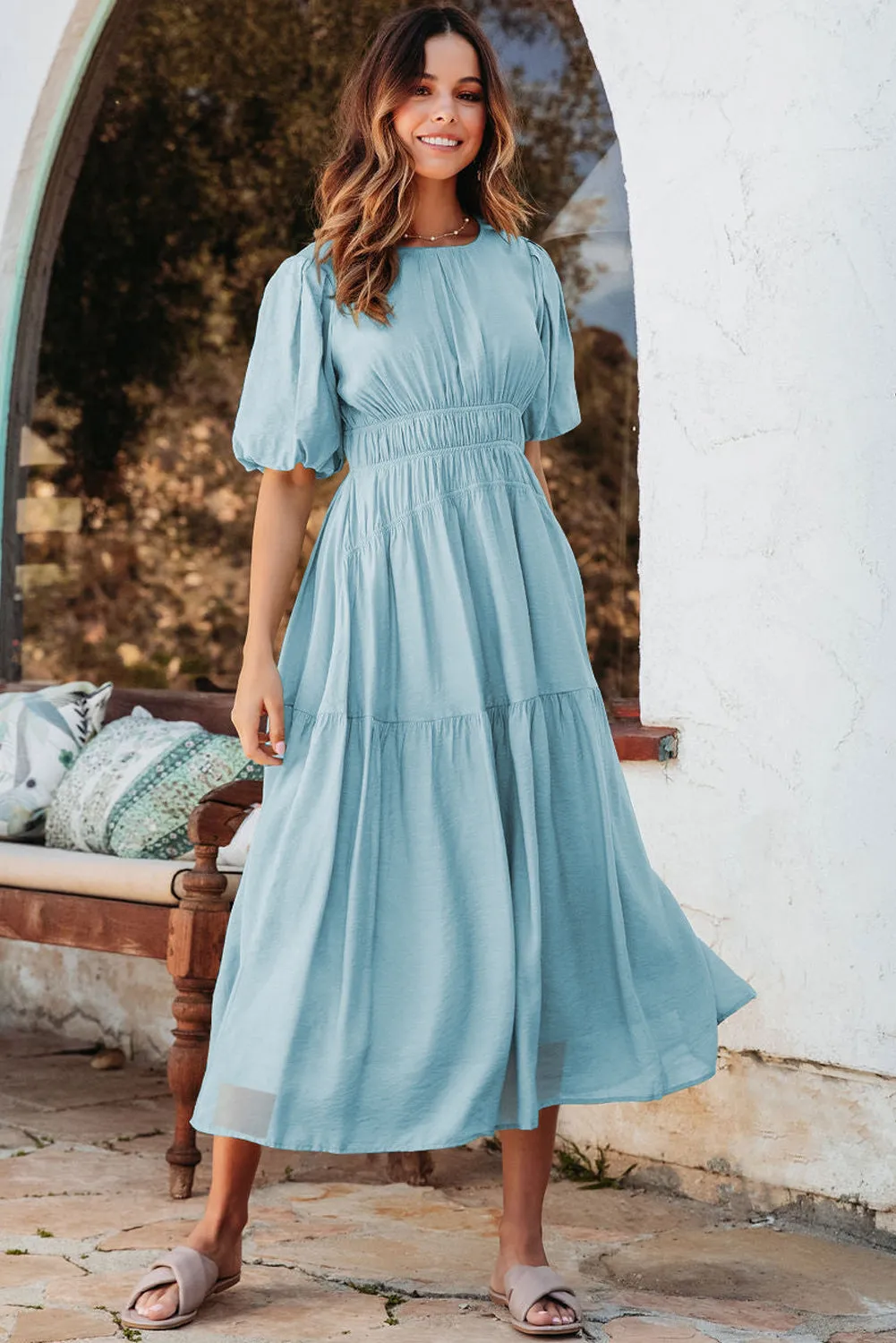 Light Blue Puff Sleeve Pleated High Waist Flowy Long Dress