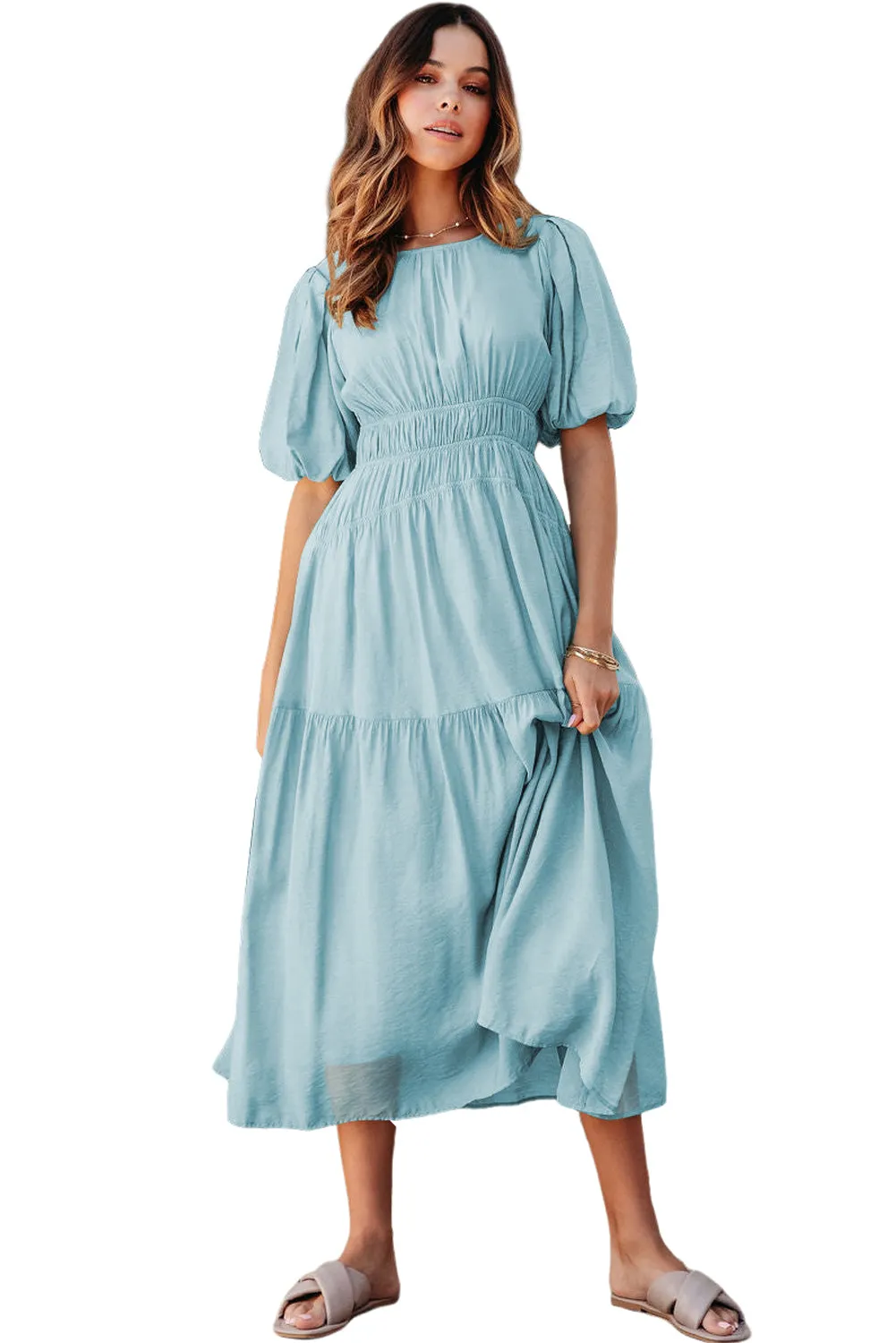 Light Blue Puff Sleeve Pleated High Waist Flowy Long Dress
