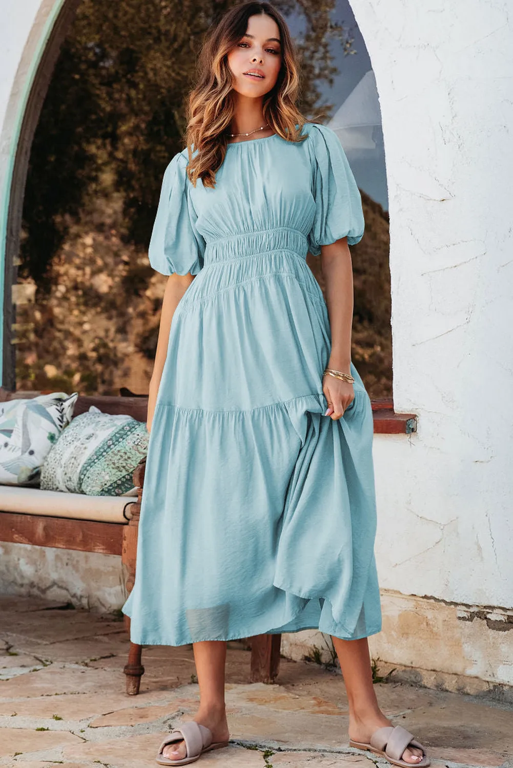 Light Blue Puff Sleeve Pleated High Waist Flowy Long Dress