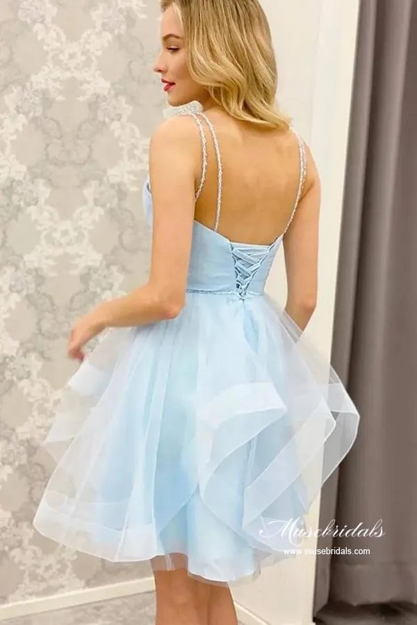 Light Blue Tulle A-line V-neck Spaghetti Straps Short Homecoming Dress, MH600