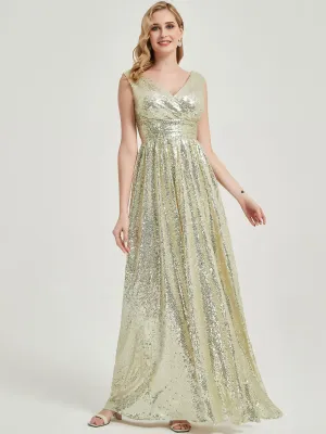 Light Gold V-Neck Sleeveless Floor Length Sequin Bridesmaid Dress