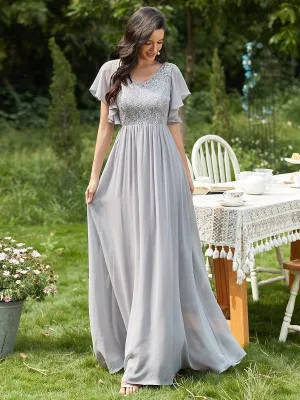 Light Grey Prom Dress A-Line V-Neck Lace Short Sleeves Chiffon Lace Long Party Dresses
