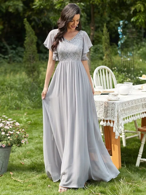 Light Grey Prom Dress A-Line V-Neck Lace Short Sleeves Chiffon Lace Long Party Dresses