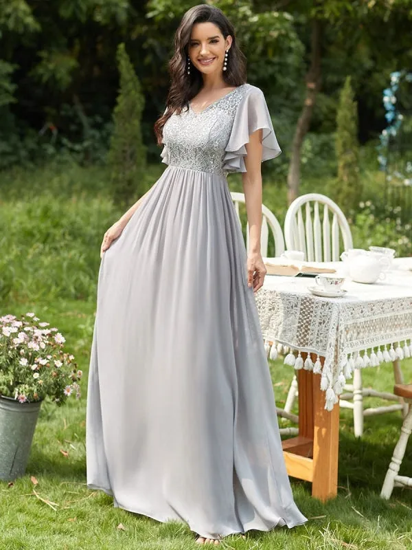 Light Grey Prom Dress A-Line V-Neck Lace Short Sleeves Chiffon Lace Long Party Dresses