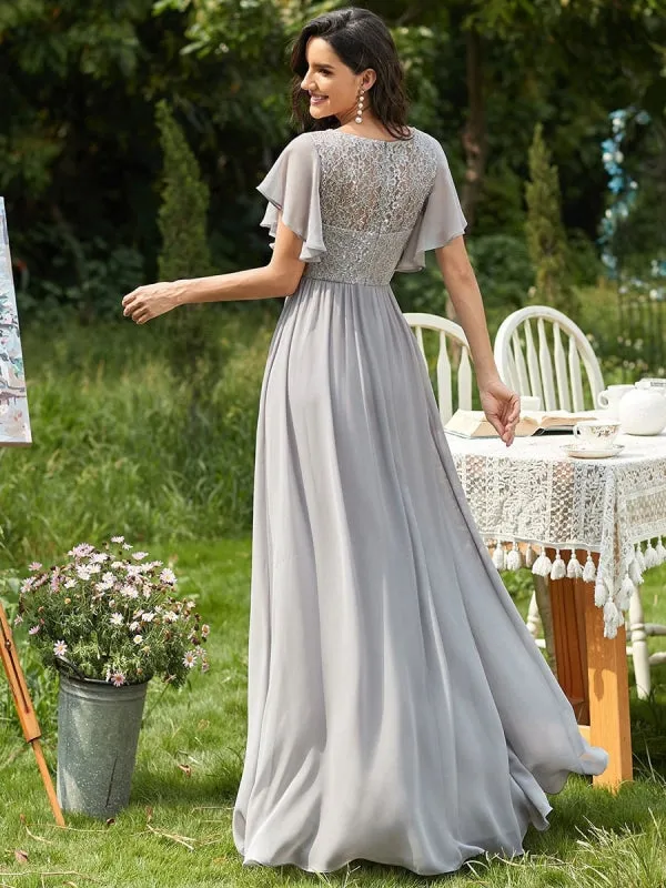 Light Grey Prom Dress A-Line V-Neck Lace Short Sleeves Chiffon Lace Long Party Dresses