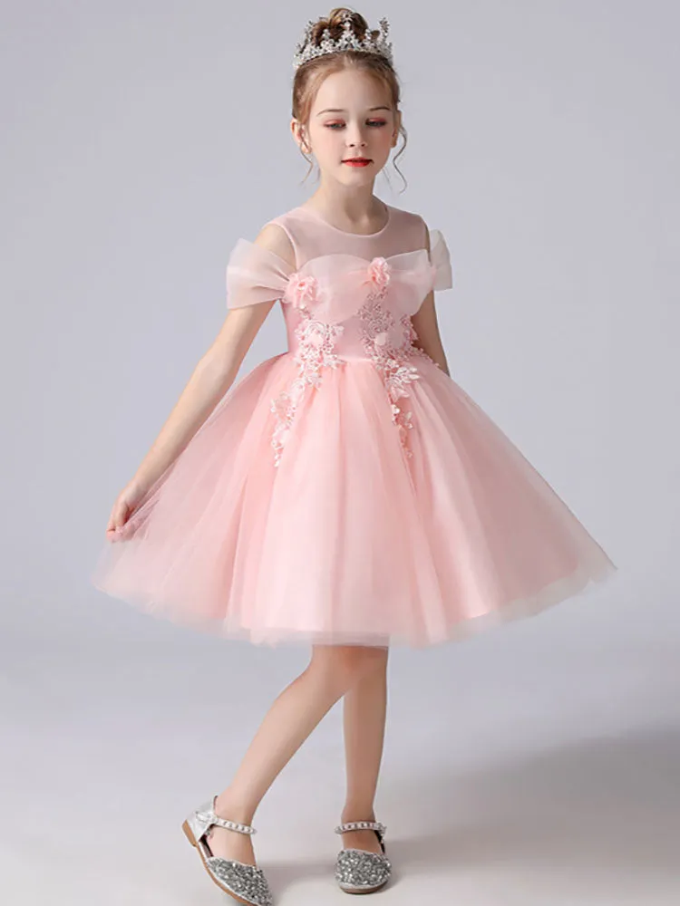 Light Pink Jewel Neck Short Sleeves Short A-Line Flowers Kids Party Dresses