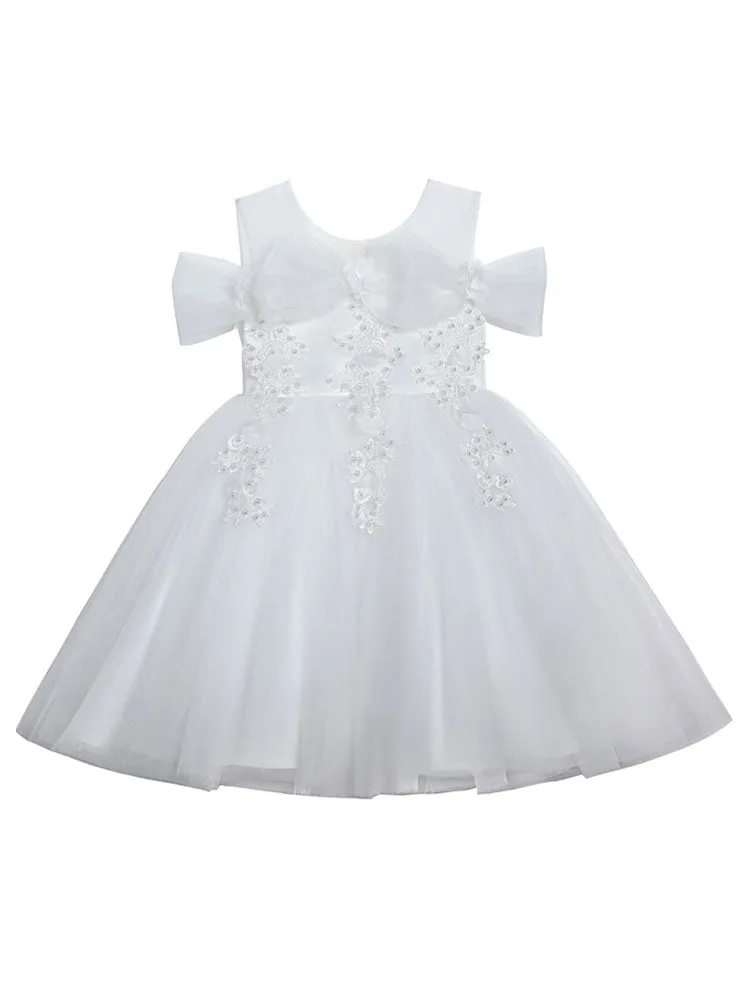 Light Pink Jewel Neck Short Sleeves Short A-Line Flowers Kids Party Dresses