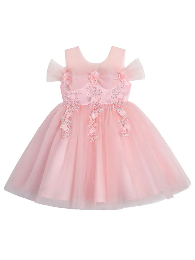 Light Pink Jewel Neck Short Sleeves Short A-Line Flowers Kids Party Dresses
