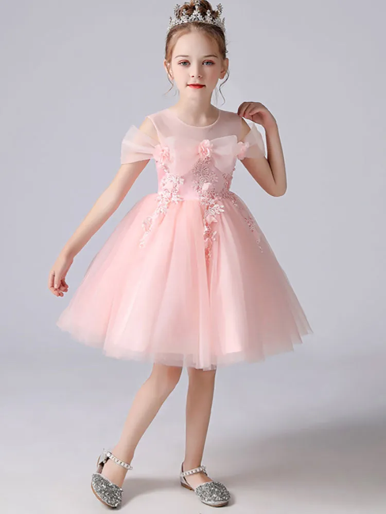 Light Pink Jewel Neck Short Sleeves Short A-Line Flowers Kids Party Dresses