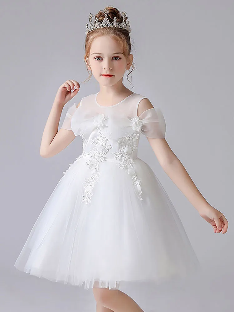 Light Pink Jewel Neck Short Sleeves Short A-Line Flowers Kids Party Dresses