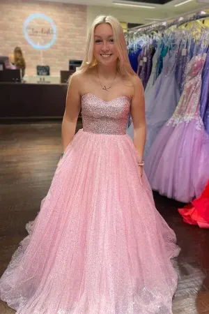 Light Pink Sparkly Tulle A-line Strapless Prom Dresses, Party Dresses, SP965