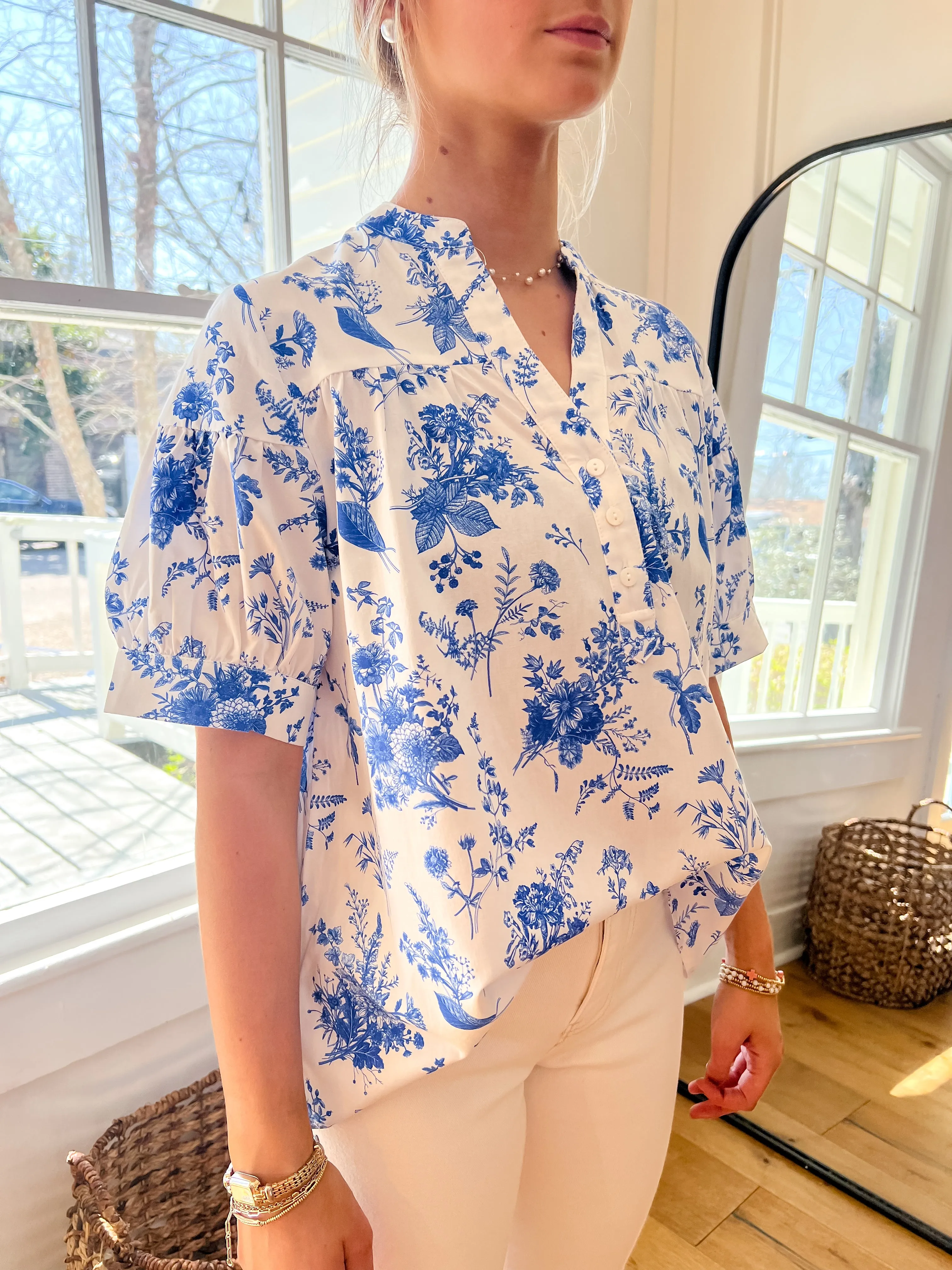 Lightweight Floral V Neck Blouse - Blue