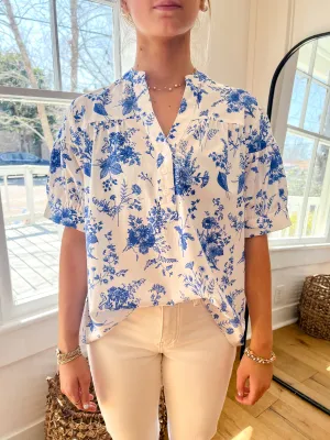 Lightweight Floral V Neck Blouse - Blue