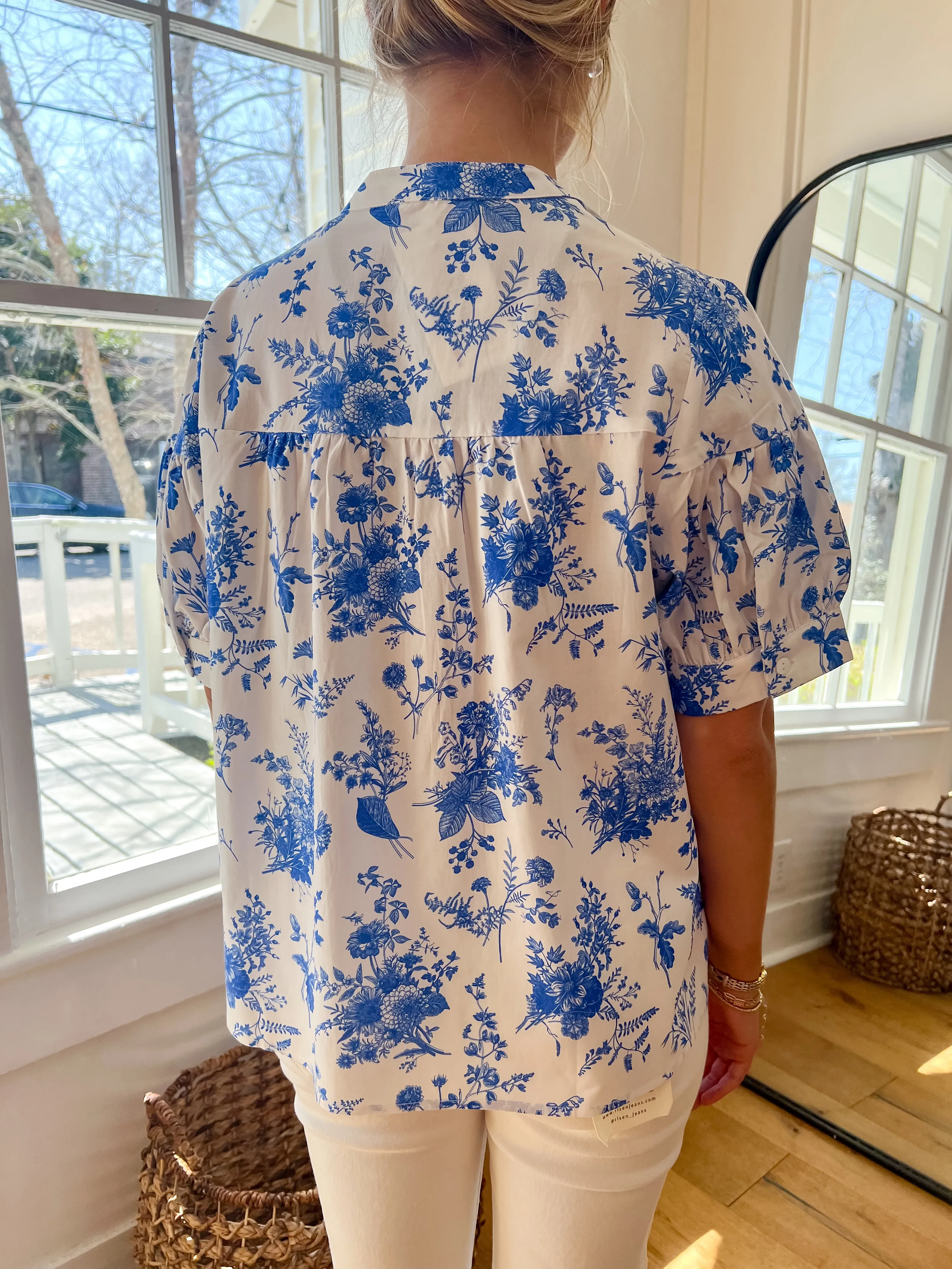 Lightweight Floral V Neck Blouse - Blue