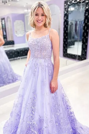 Lilac A-line Spaghetti Straps Prom Dresses With Lace Appliques, Evening Gown, SP825
